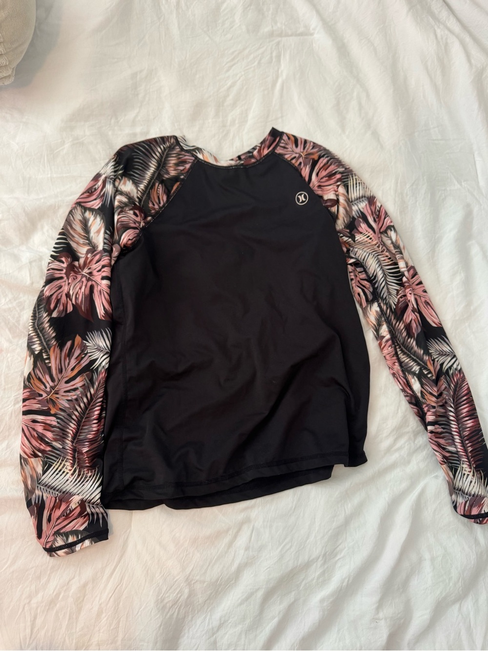 Hurley Black Long-Sleeve Rash Guard with Pink Tropical Print Sleeves